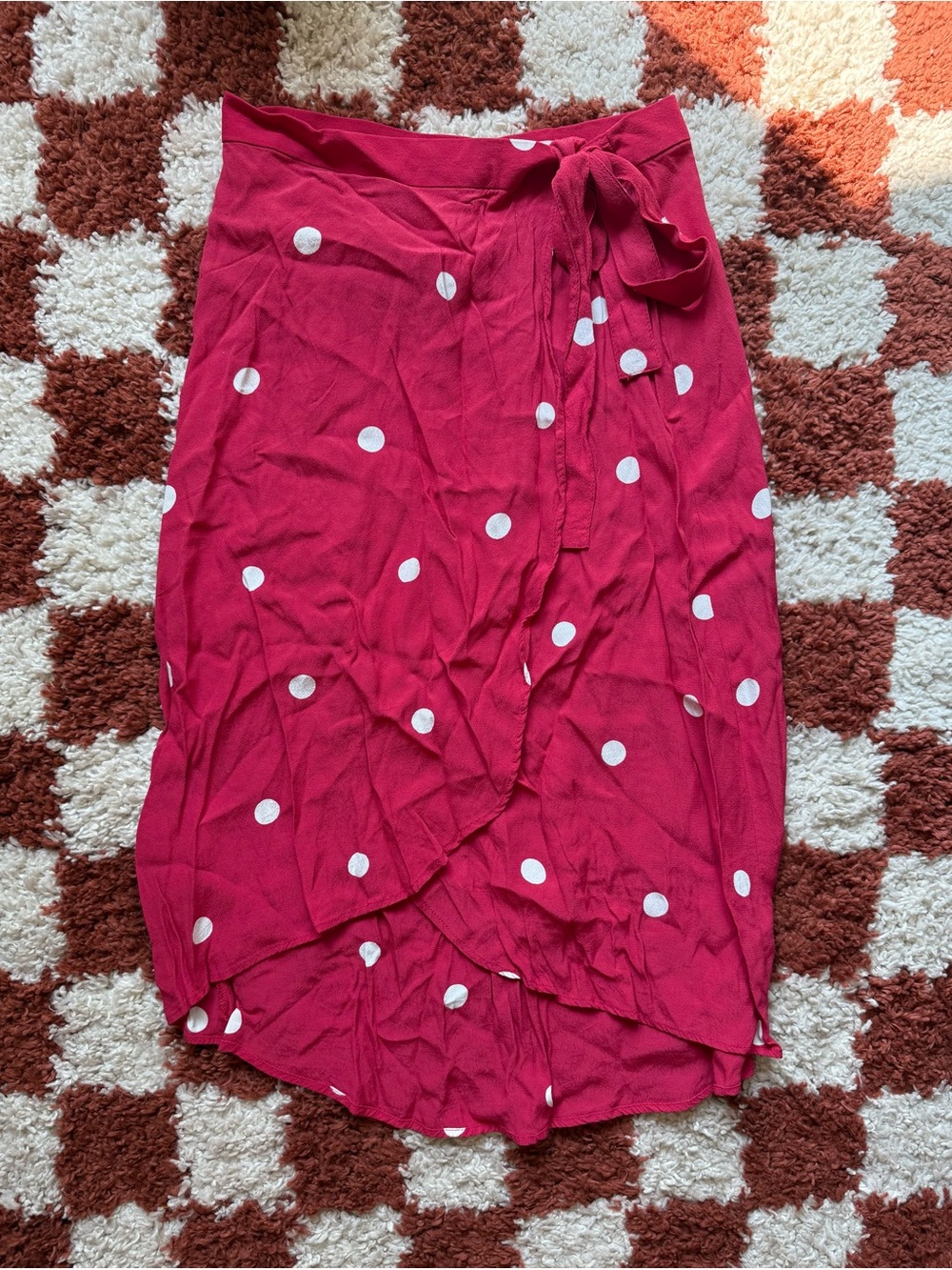 LOFT Red Polka Dot Faux Wrap Midi Skirt